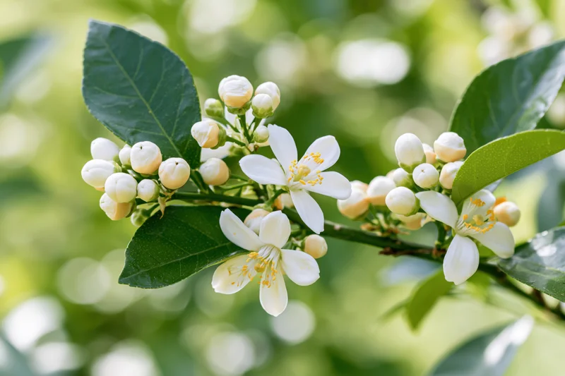 Citrus tree branch in full bloom with open white flowers and green leaves in spring garden