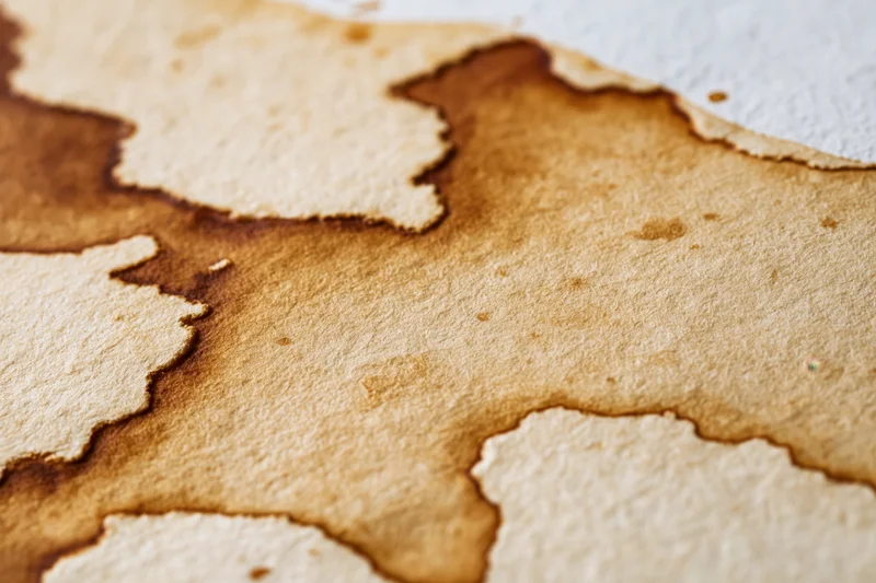 Close-up of stained aged watercolor paper with brown and beige blotches on textured surface