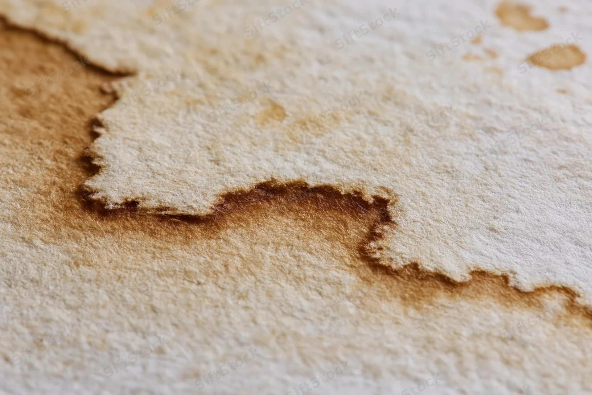 Close-up of aged watercolor paper with dried stains and textured surface