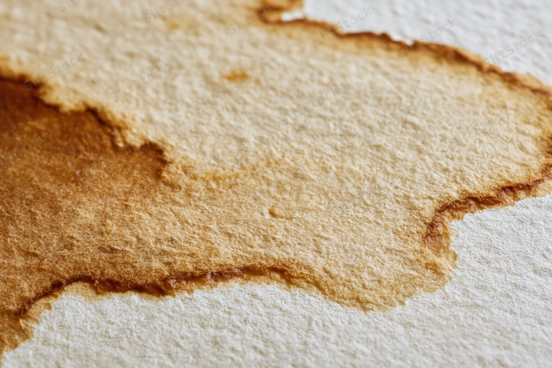 Close-up of aged watercolor paper with dried brown stains and textured surface