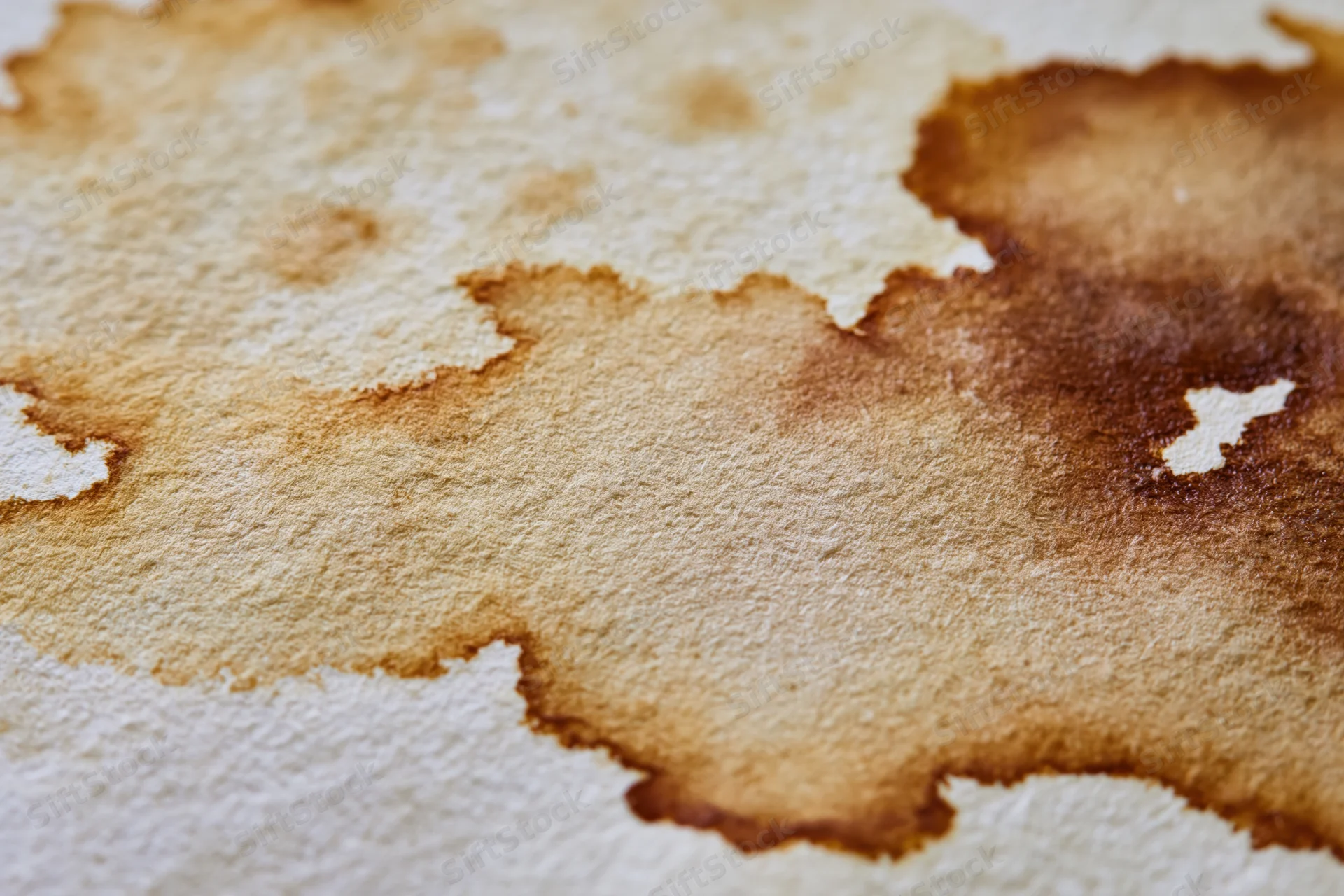 Close-up of aged watercolor paper with brown stains and textured surface