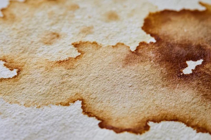 Close-up of aged watercolor paper with brown stains and textured surface
