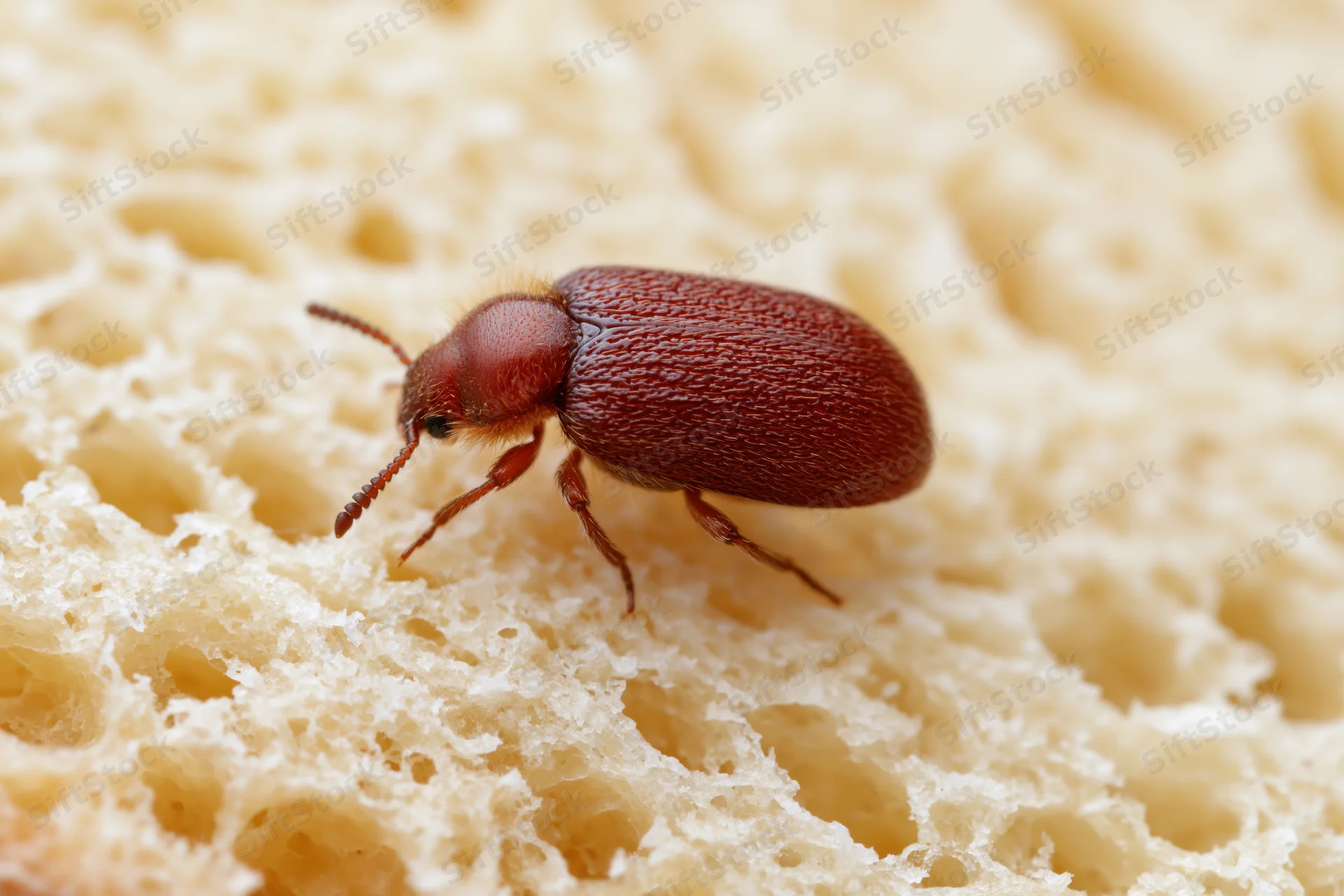 Small reddish-brown beetle crawling on porous bread surface