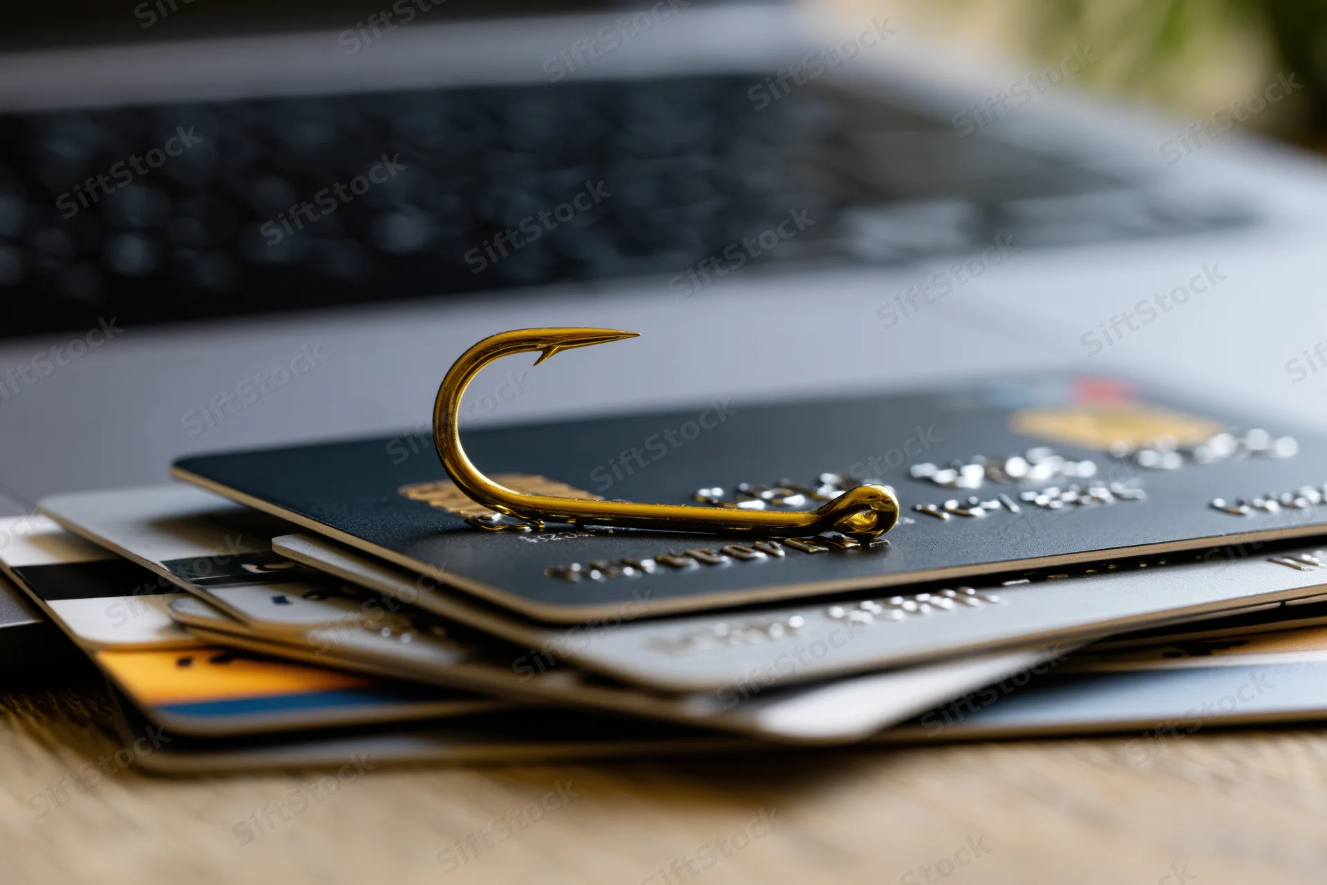 Gold fishing hook resting on stack of credit cards on wooden desk near laptop keyboard