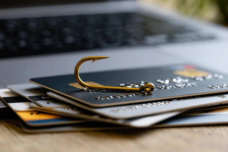 Gold fishing hook resting on stack of credit cards on wooden desk near laptop keyboard