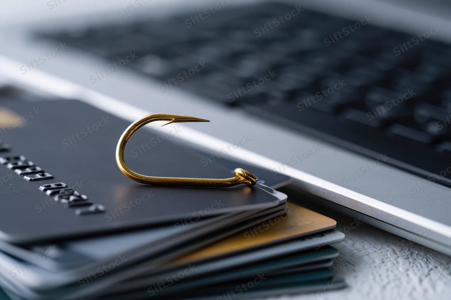 Gold fishing hook resting on stack of credit cards beside laptop keyboard