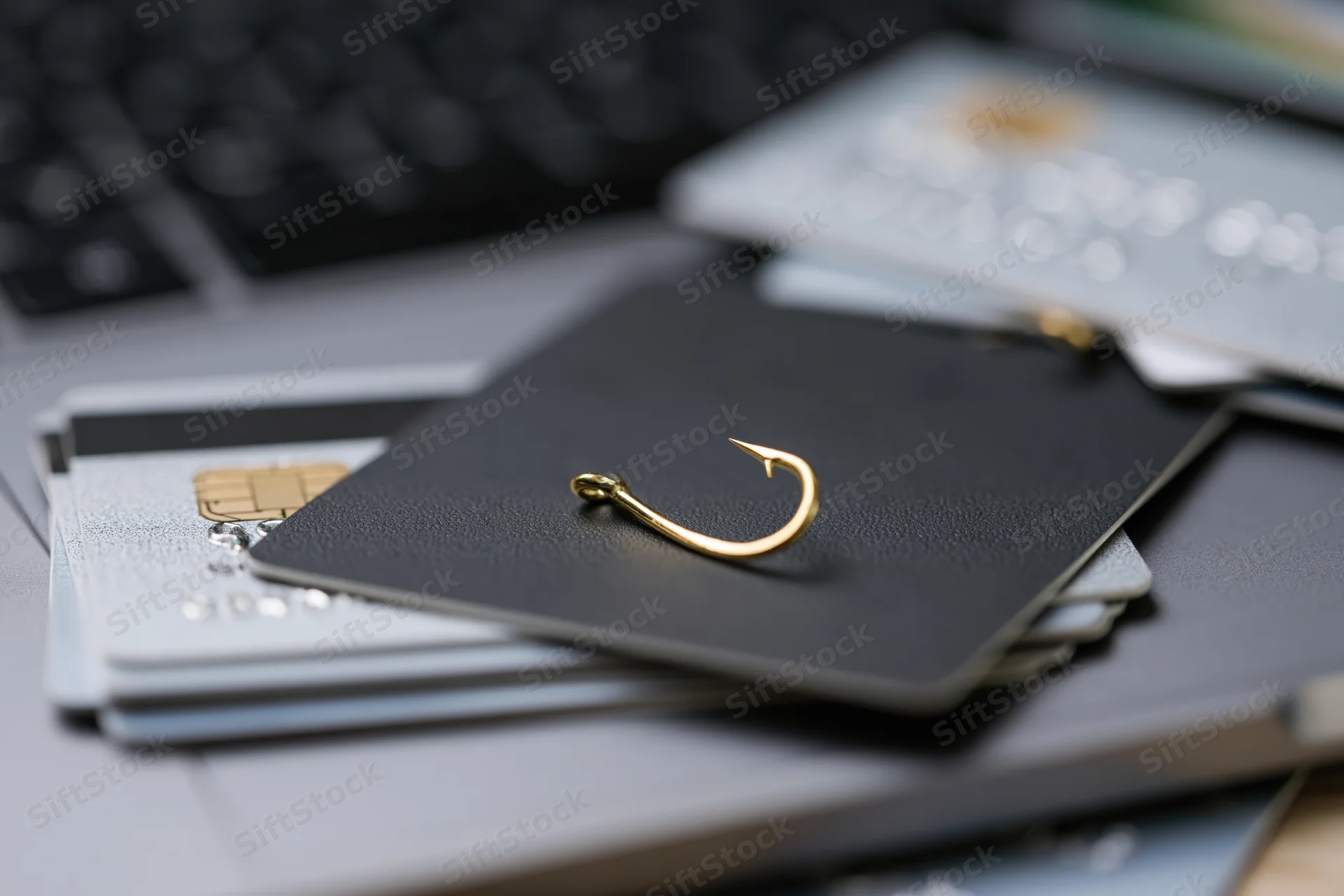 Gold fishing hook resting on stack of credit cards on office desk near laptop keyboard