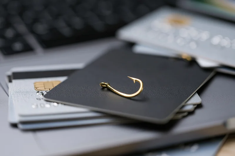 Gold fishing hook resting on stack of credit cards on office desk near laptop keyboard