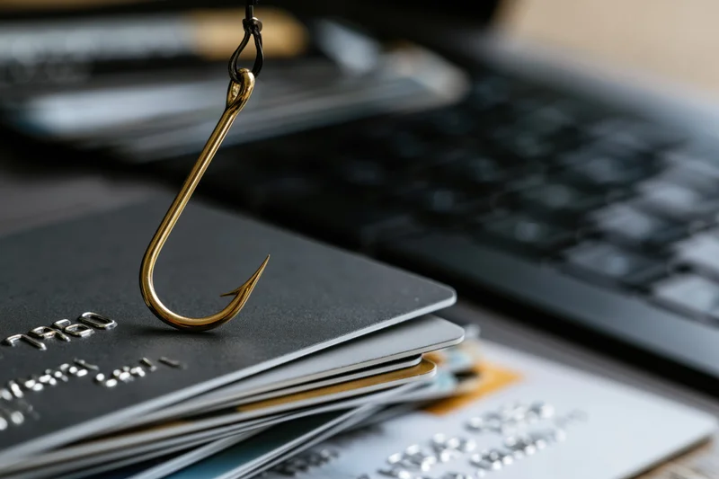 Gold fishing hook resting on stack of credit cards near laptop keyboard