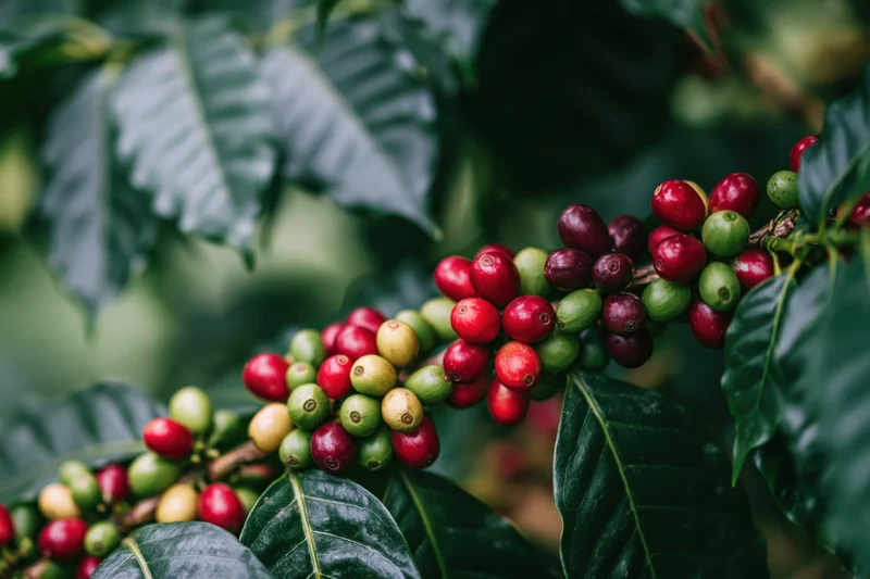 Coffee cherries ripening on a branch among green leaves in a coffee plantation