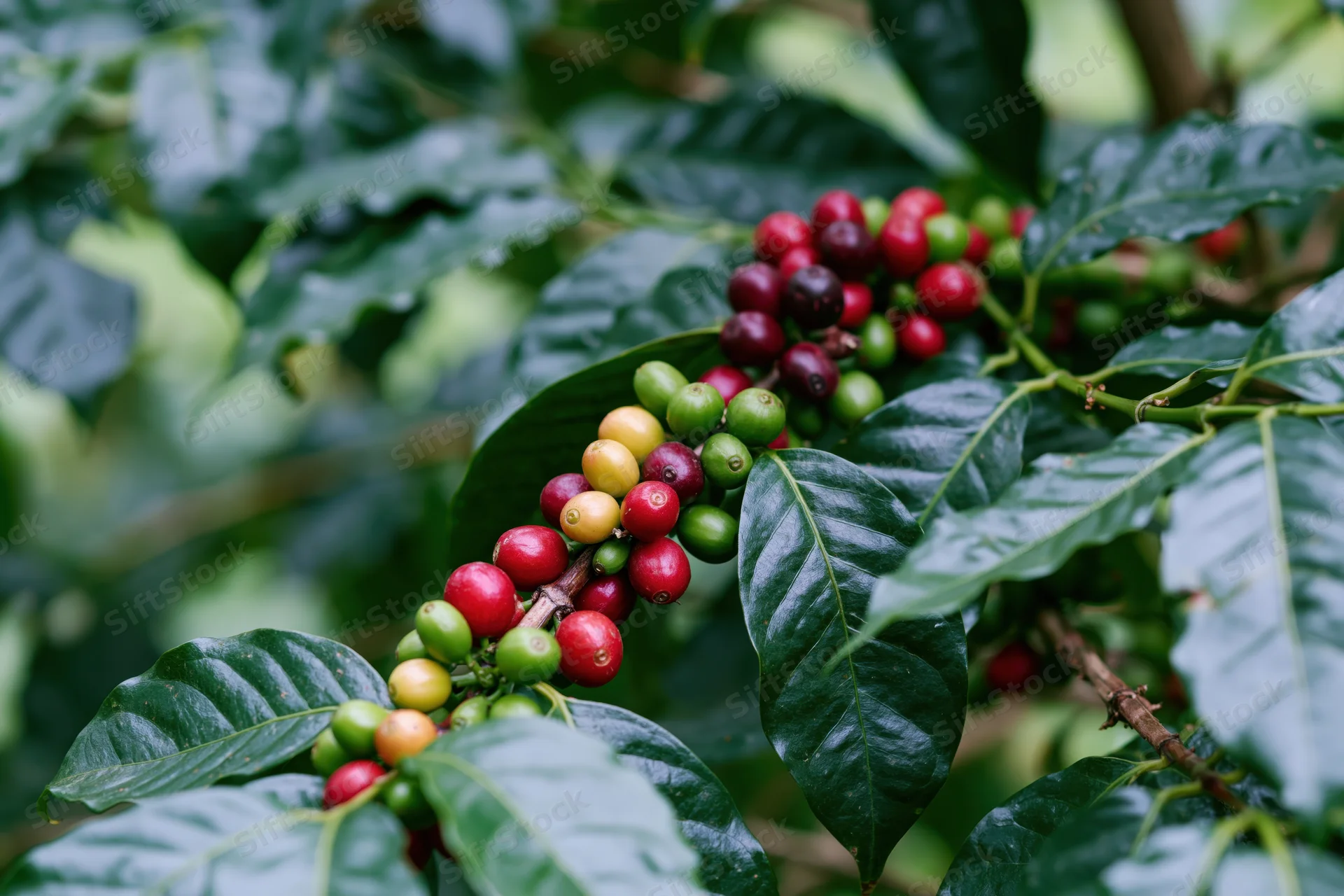 Coffee cherries ripening on a branch among dark green leaves in a tropical farm setting