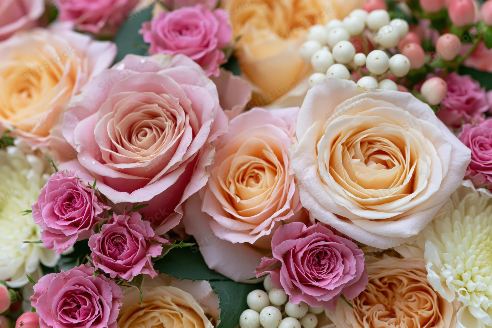 Close-up of a dense floral arrangement with pink and peach roses, white berries, and green foliage