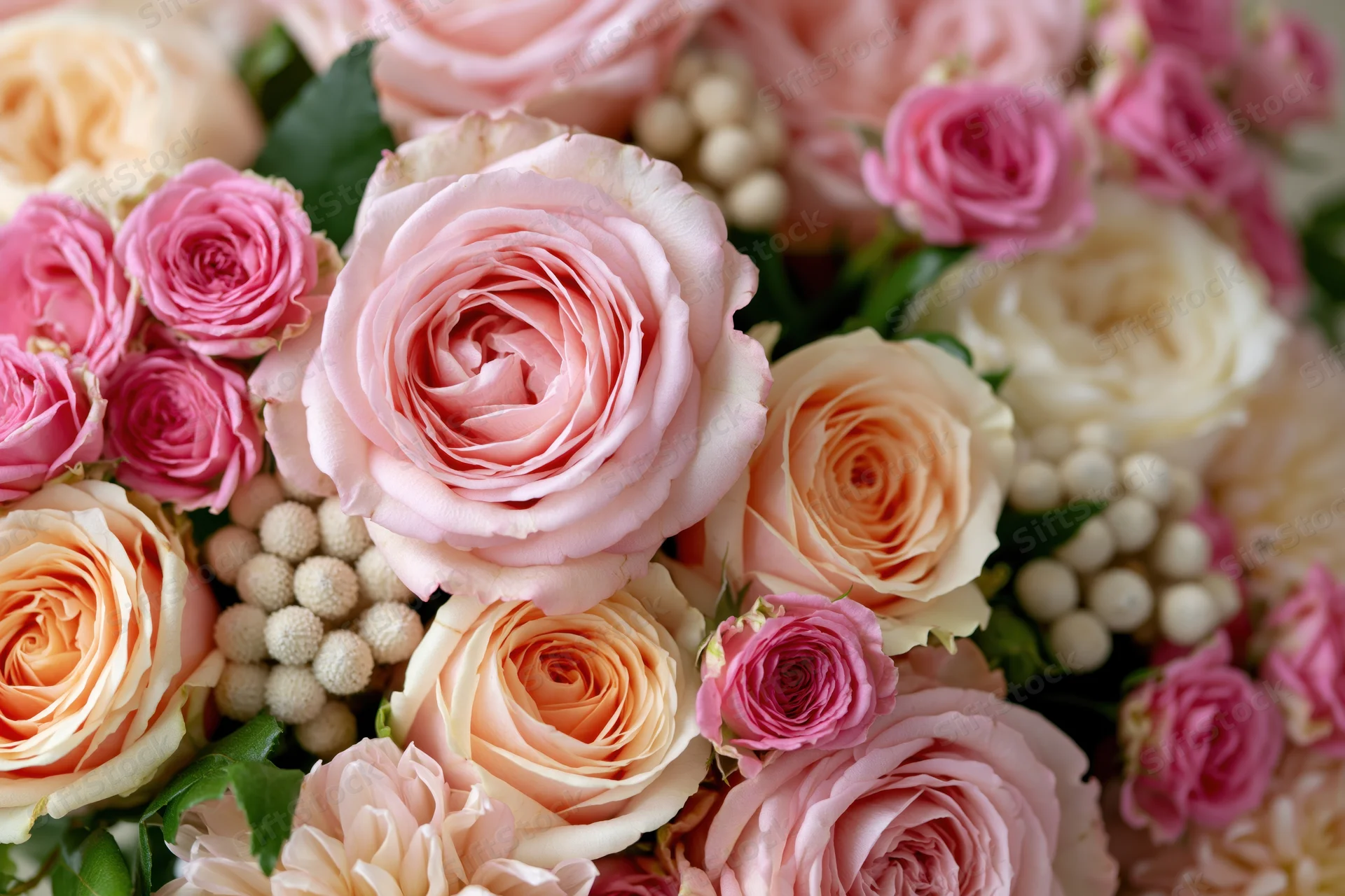 Close-up of a dense floral arrangement filled with garden roses in shades of pink, peach and cream, accented with green leaves and small white flowers
