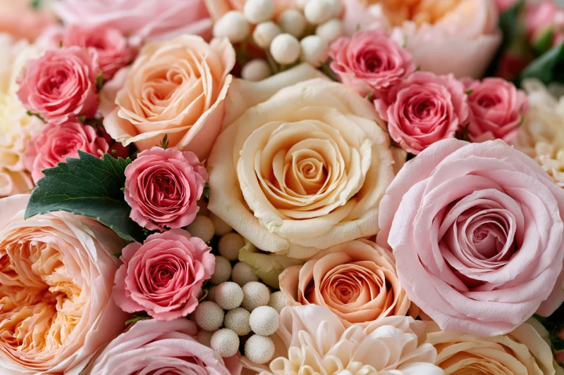 Close-up of a dense floral arrangement of pink peach and cream roses with green leaves and white berries