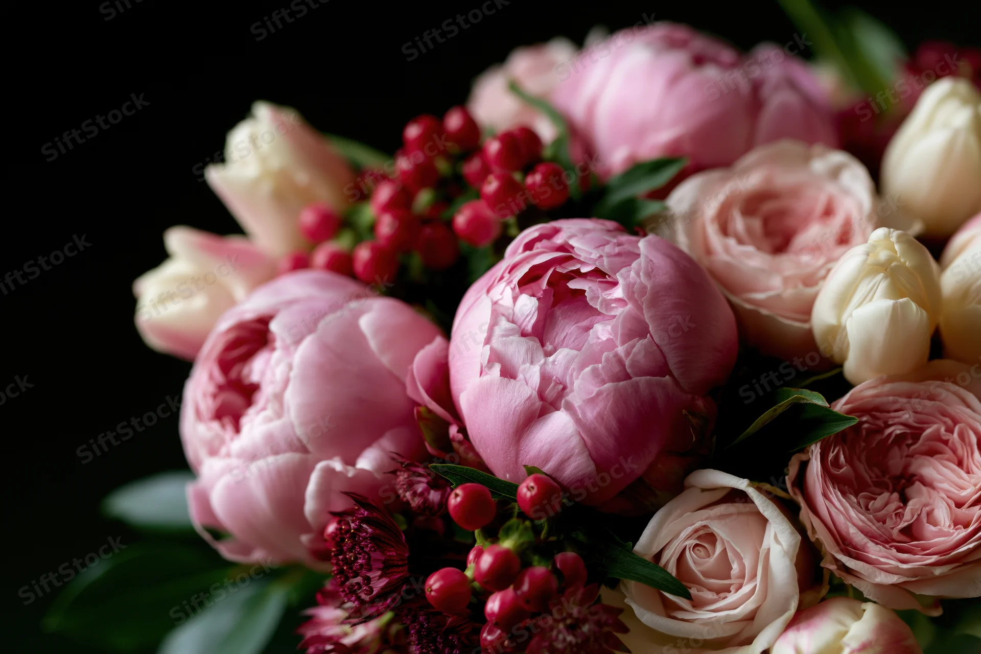 Close-up of a lush floral bouquet with pink peonies, roses, and red berries on a dark background