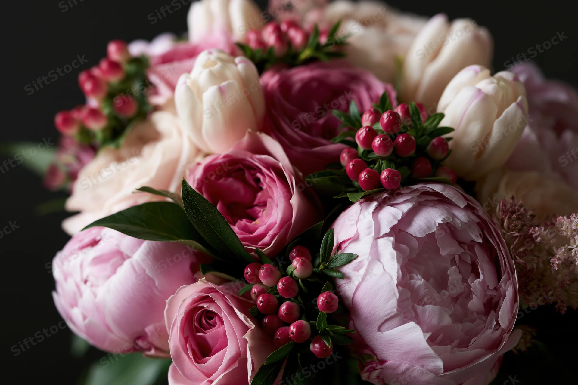Close-up of a lush floral bouquet with pink peonies, roses, tulips and berries arranged with greenery