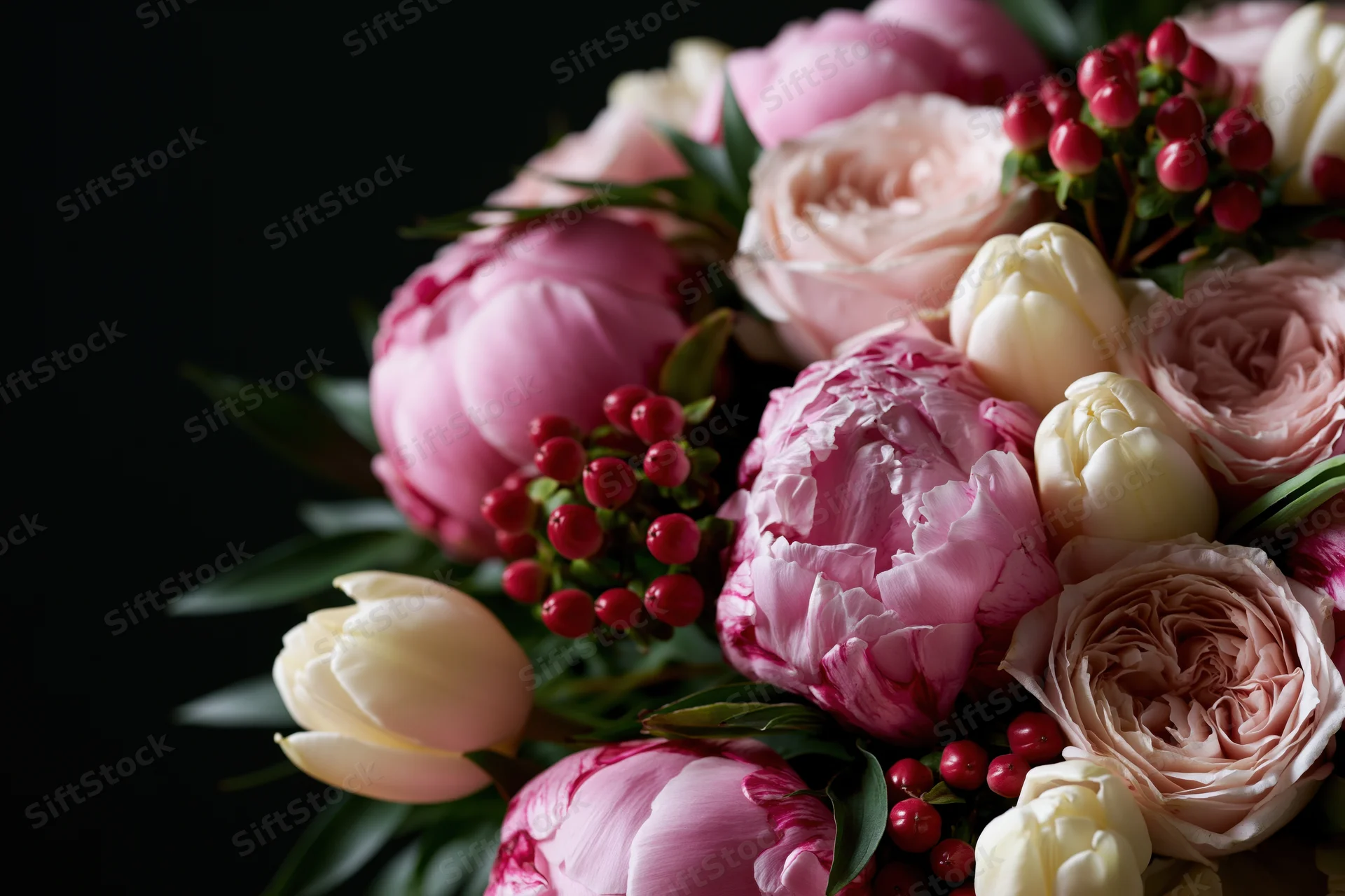 Close-up of a lush floral bouquet with pink peonies, cream tulips, and red berries against a dark background