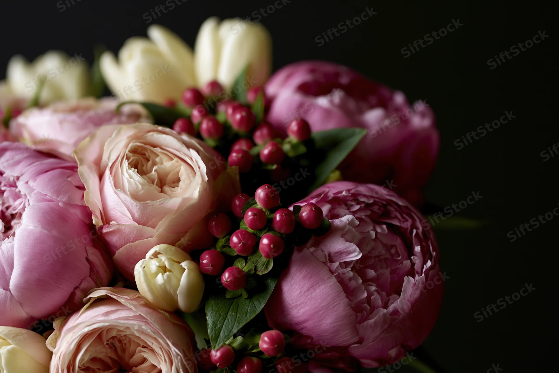 Close-up of a lush floral bouquet with pink peonies, white tulips, and red berries against a dark background