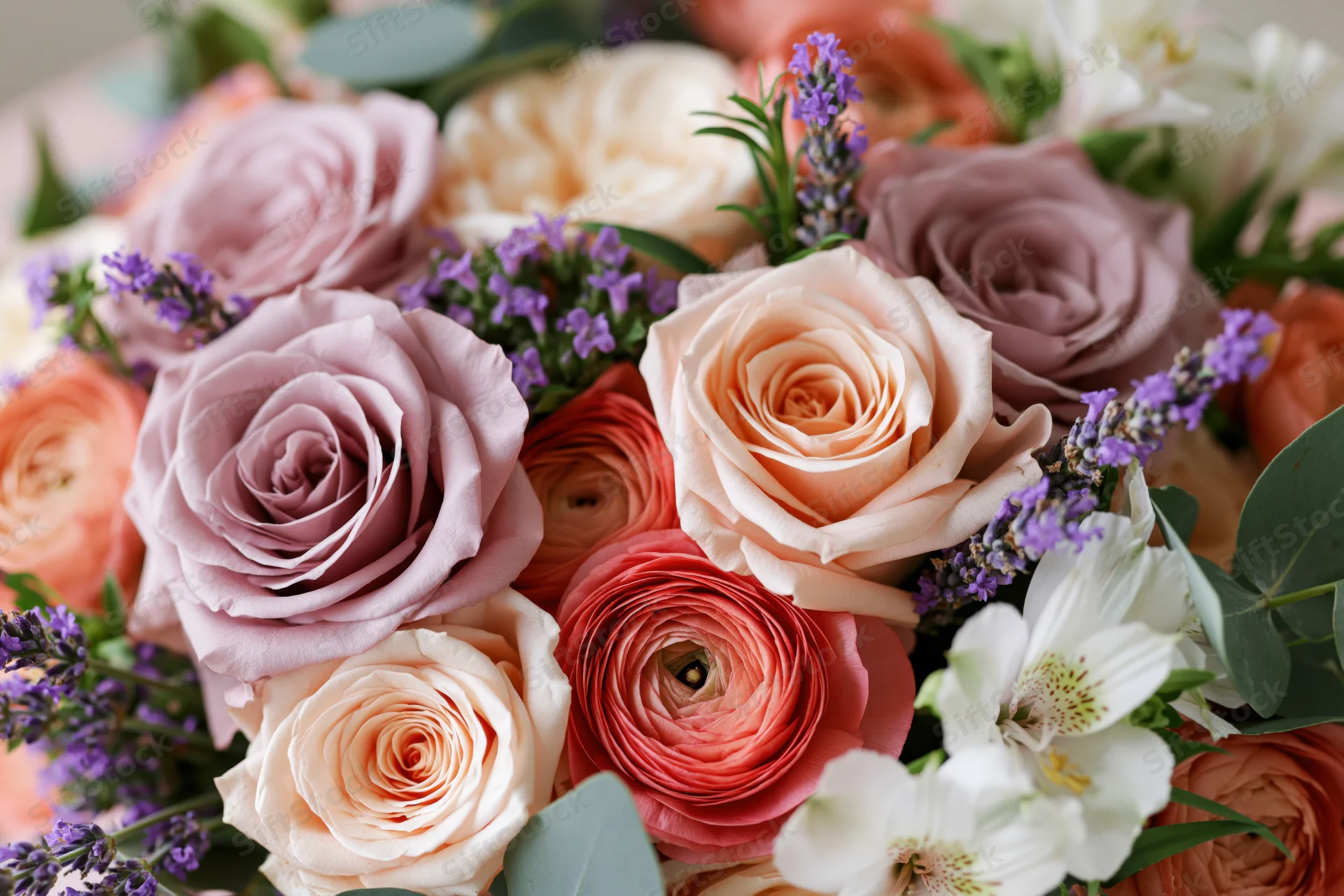 Close-up of a lush mixed bridal bouquet with dusty mauve roses, peach ranunculus, white alstroemeria, and lavender sprigs arranged with eucalyptus greenery