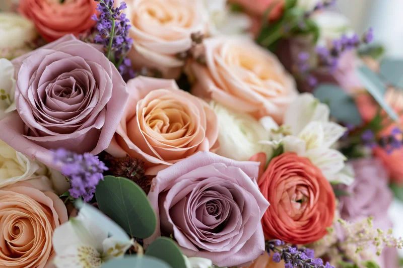 Close-up of a lush mixed bridal bouquet with dusty mauve roses, peach blooms, lavender, and greenery