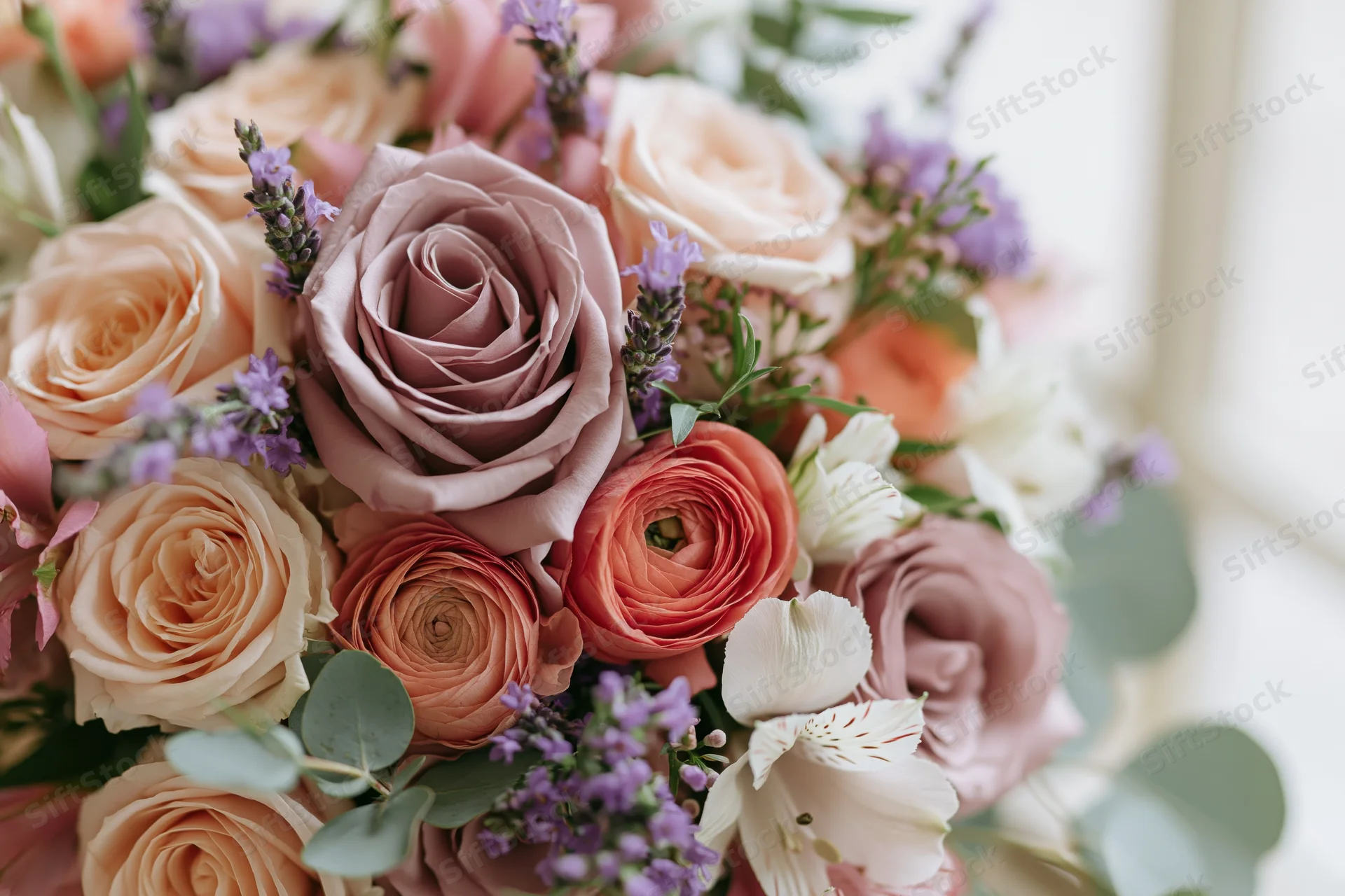 Close-up of a lush mixed bridal bouquet with dusty mauve roses, peach ranunculus, lavender, and eucalyptus greenery