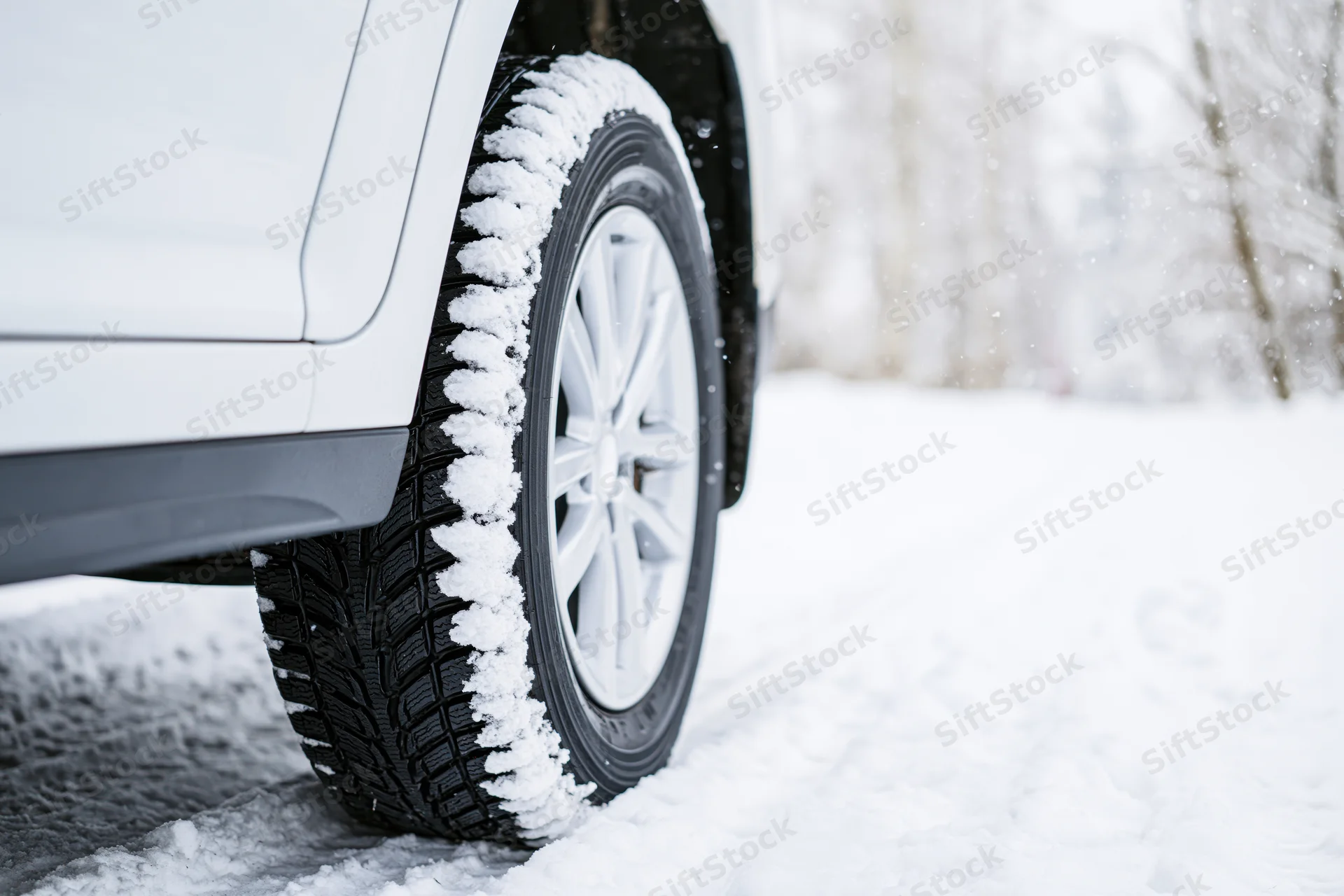 Close-up of a white car's rear winter tire on a snow-covered road