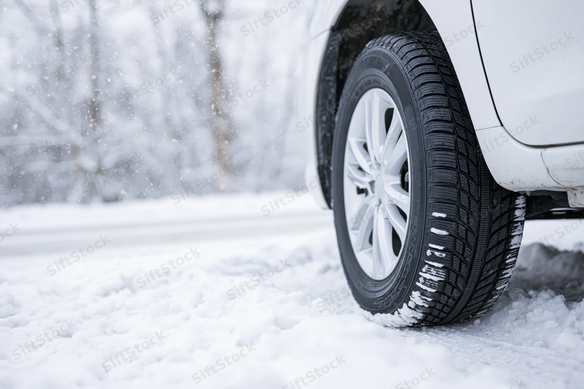 Close-up of a white car's rear winter tire on a snow-covered road during snowfall