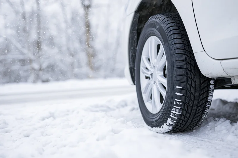 Close-up of a white car's rear winter tire on a snow-covered road during snowfall