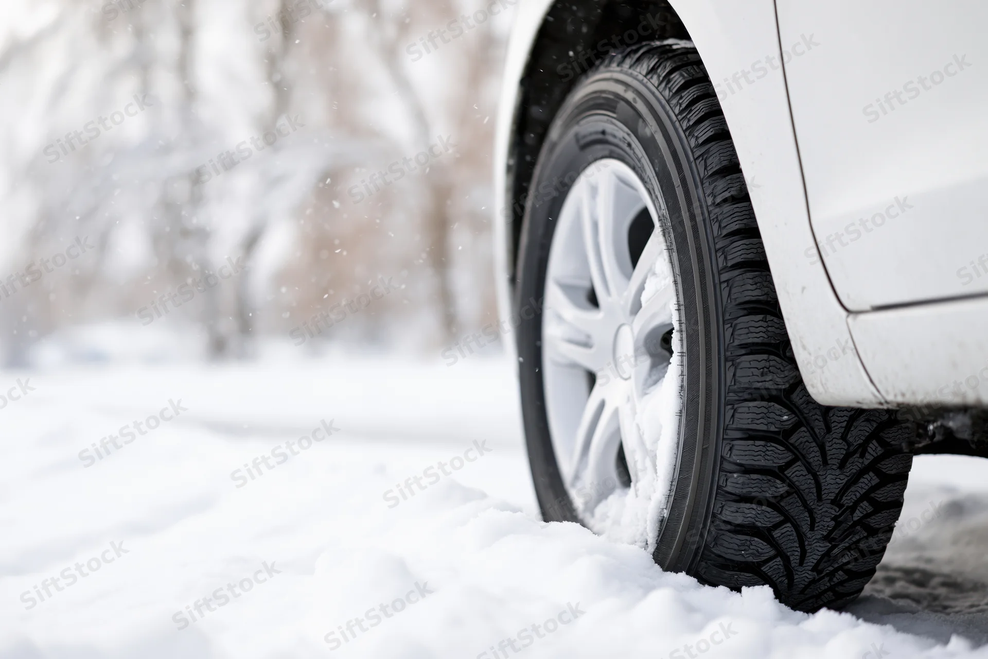Close-up of a white car's rear winter tire on a snow-covered road
