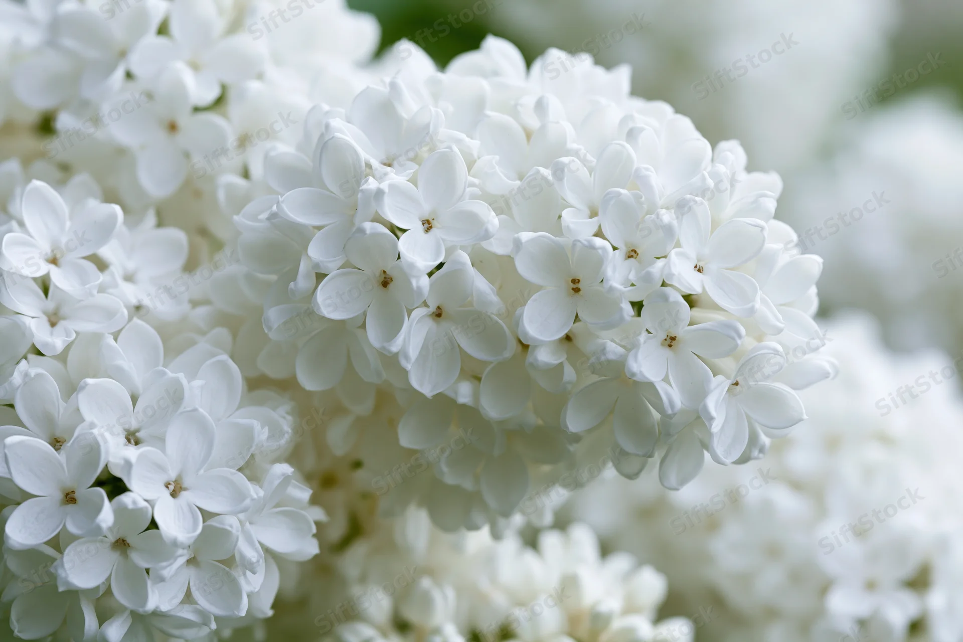 Close-up of white lilac flower clusters in full bloom outdoors