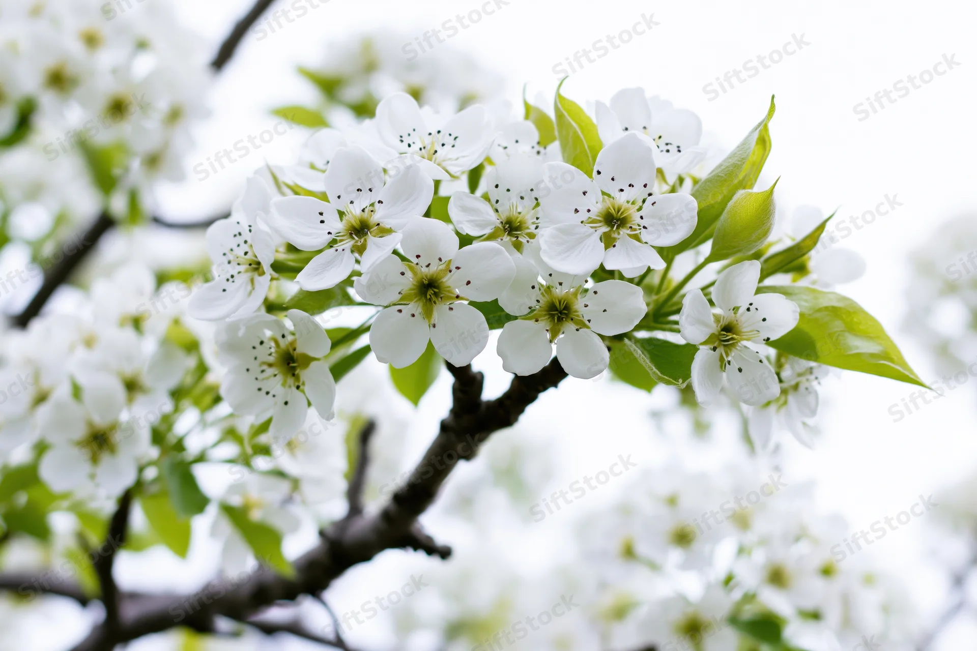Close-up of white pear blossoms clustered on a dark woody branch with green leaves against a soft blurred background