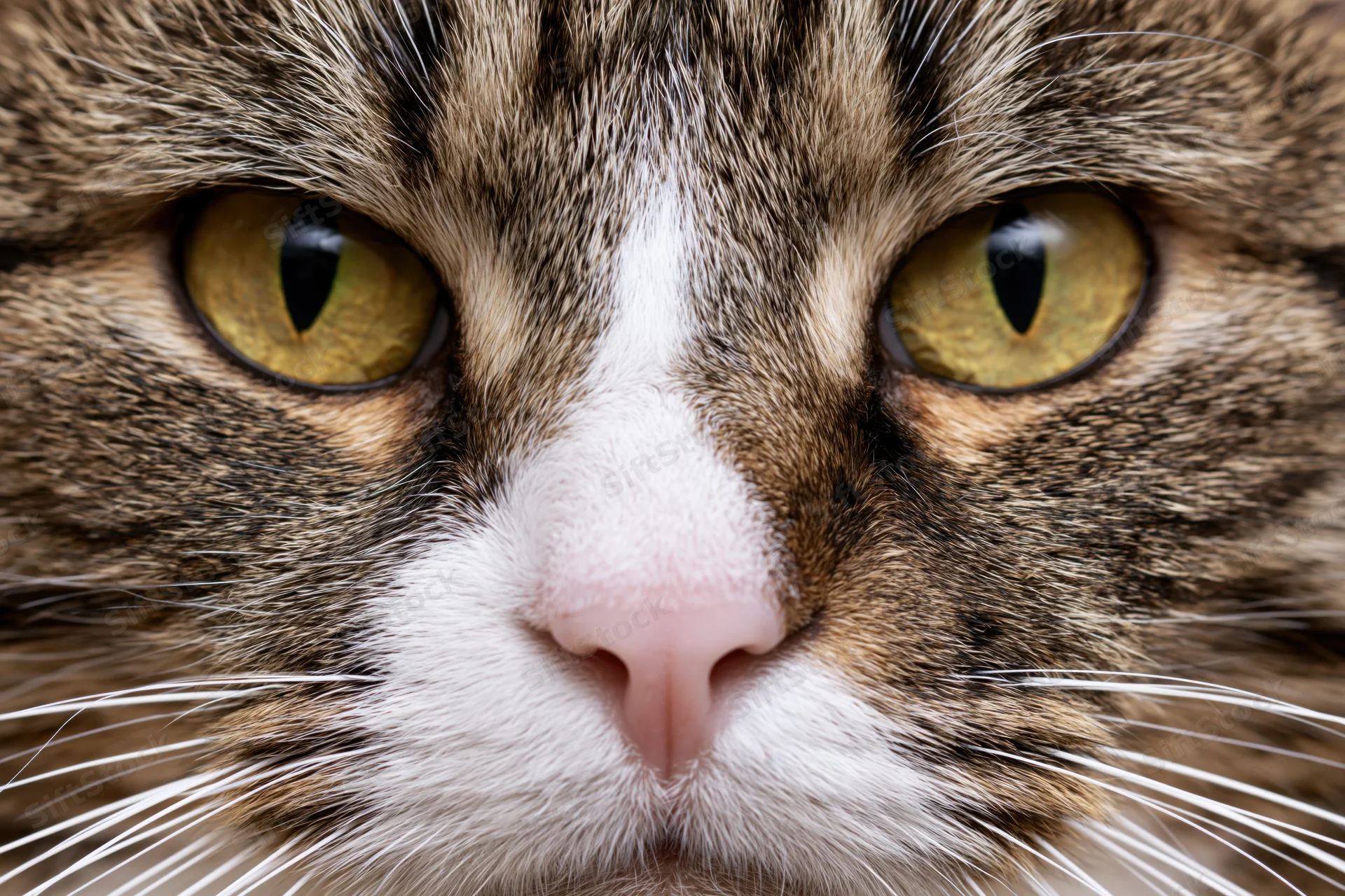 Close-up of a tabby cat's face with intense yellow-green eyes and white muzzle filling the frame