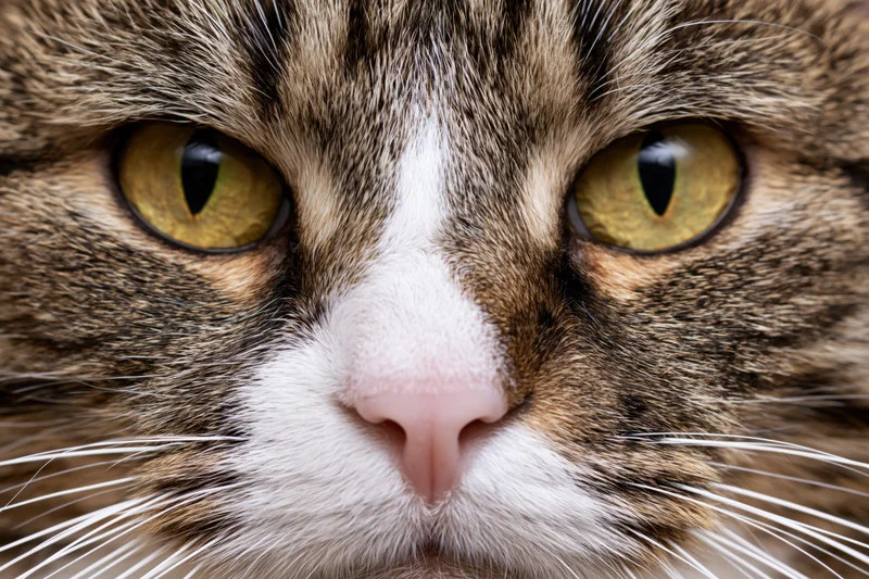 Close-up of a tabby cat's face with intense yellow-green eyes and white muzzle filling the frame