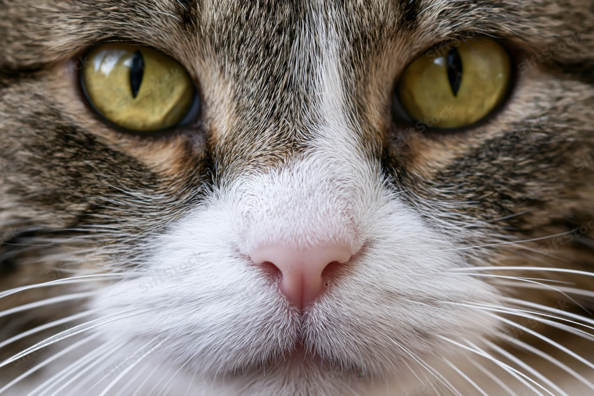 Close-up of a tabby cat's face with intense yellow eyes and white muzzle filling the frame