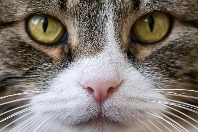 Close-up of a tabby cat's face with intense yellow eyes and white muzzle filling the frame