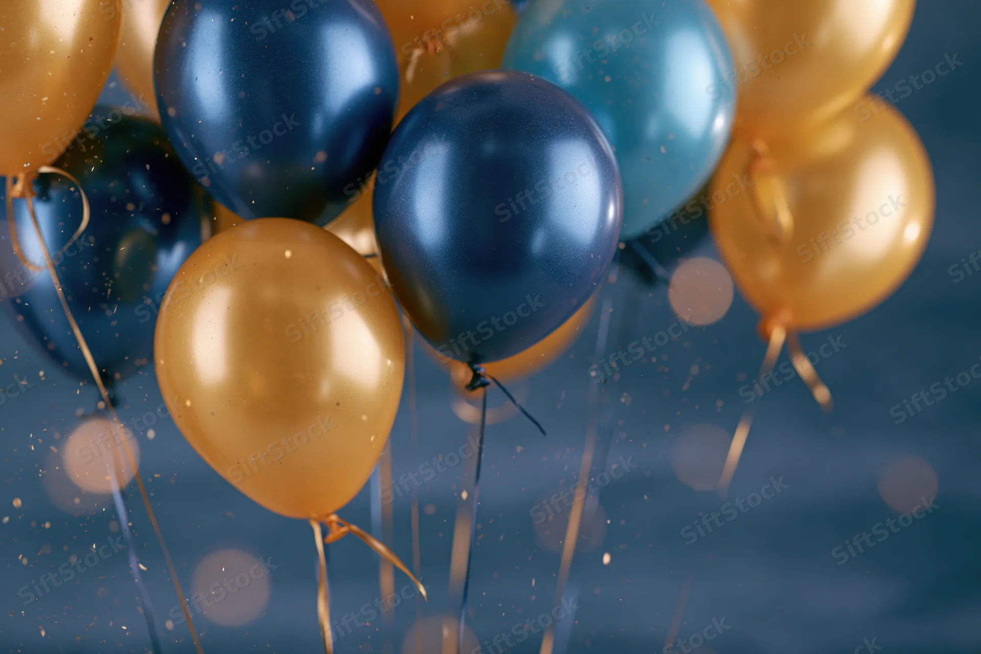 Cluster of gold and navy blue metallic helium balloons floating with confetti and bokeh lights in the background