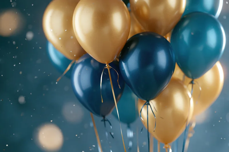 Cluster of gold and navy blue metallic helium balloons floating with confetti against a blurred blue background