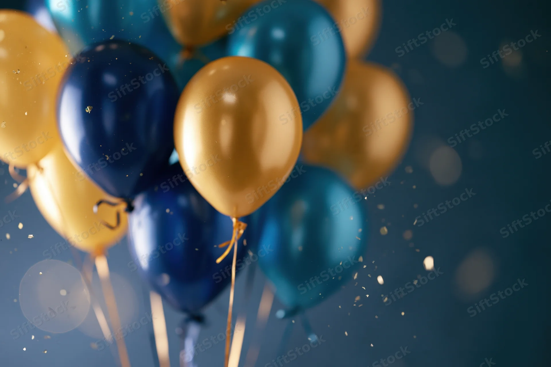 Cluster of gold and navy blue metallic helium balloons floating with confetti against a dark blue background