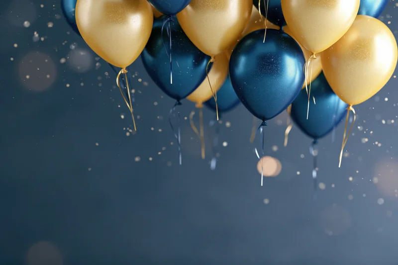 Cluster of gold and navy blue metallic helium balloons floating against a dark blue background with bokeh and confetti, copyspace below