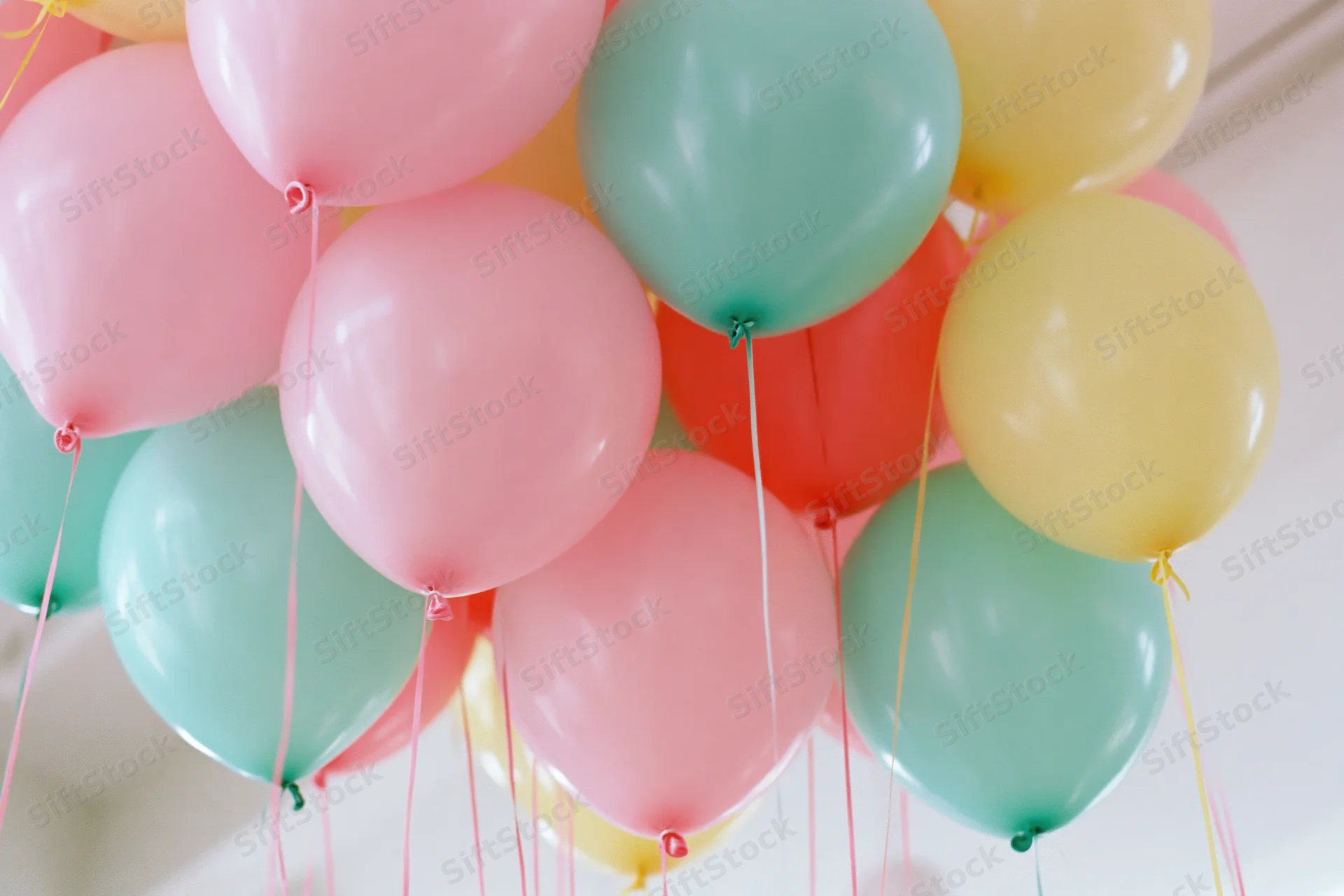 Cluster of colorful helium balloons floating indoors viewed from below