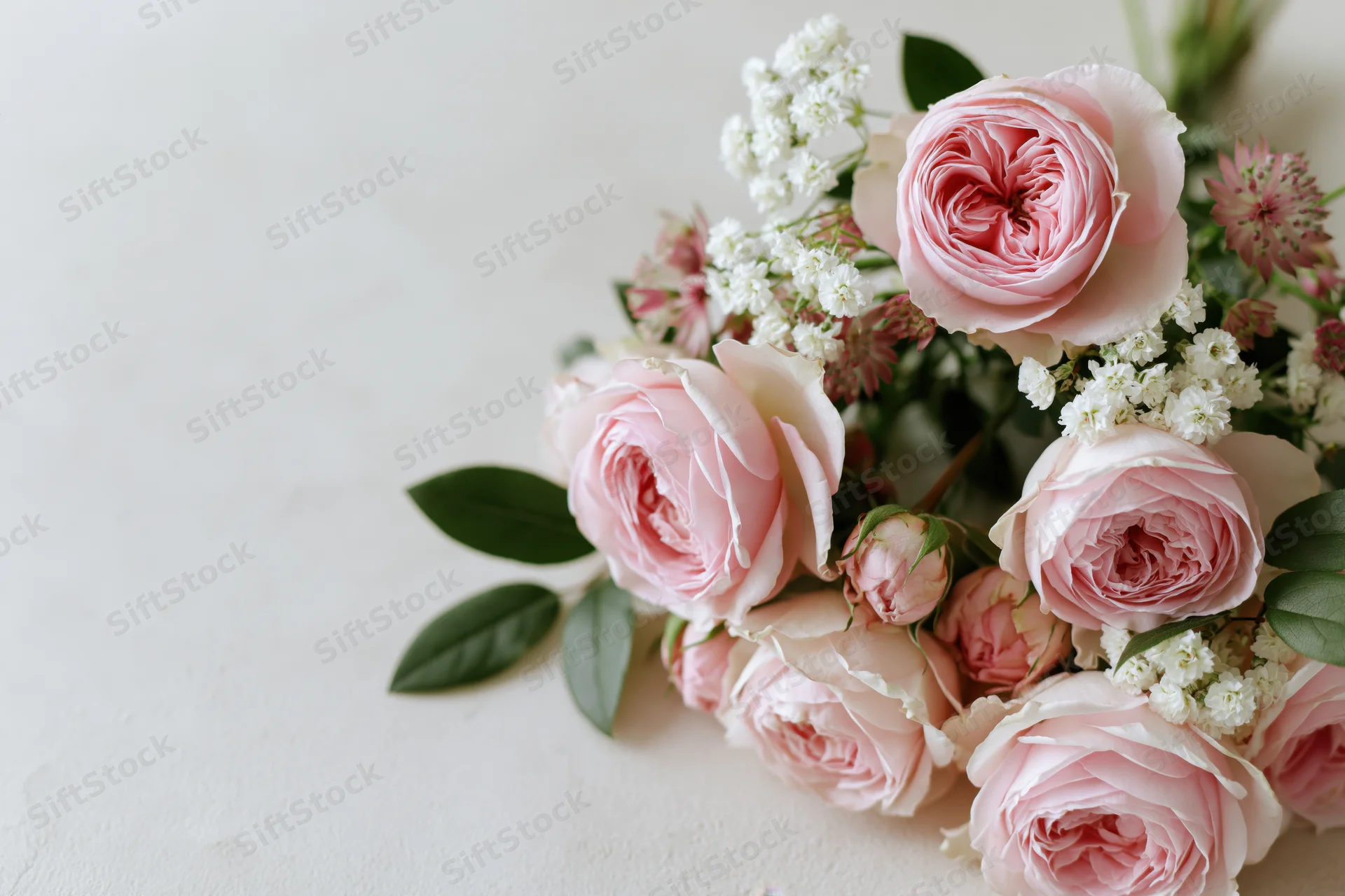 Cluster of soft pink english garden roses and small white flowers arranged on a light surface with copyspace