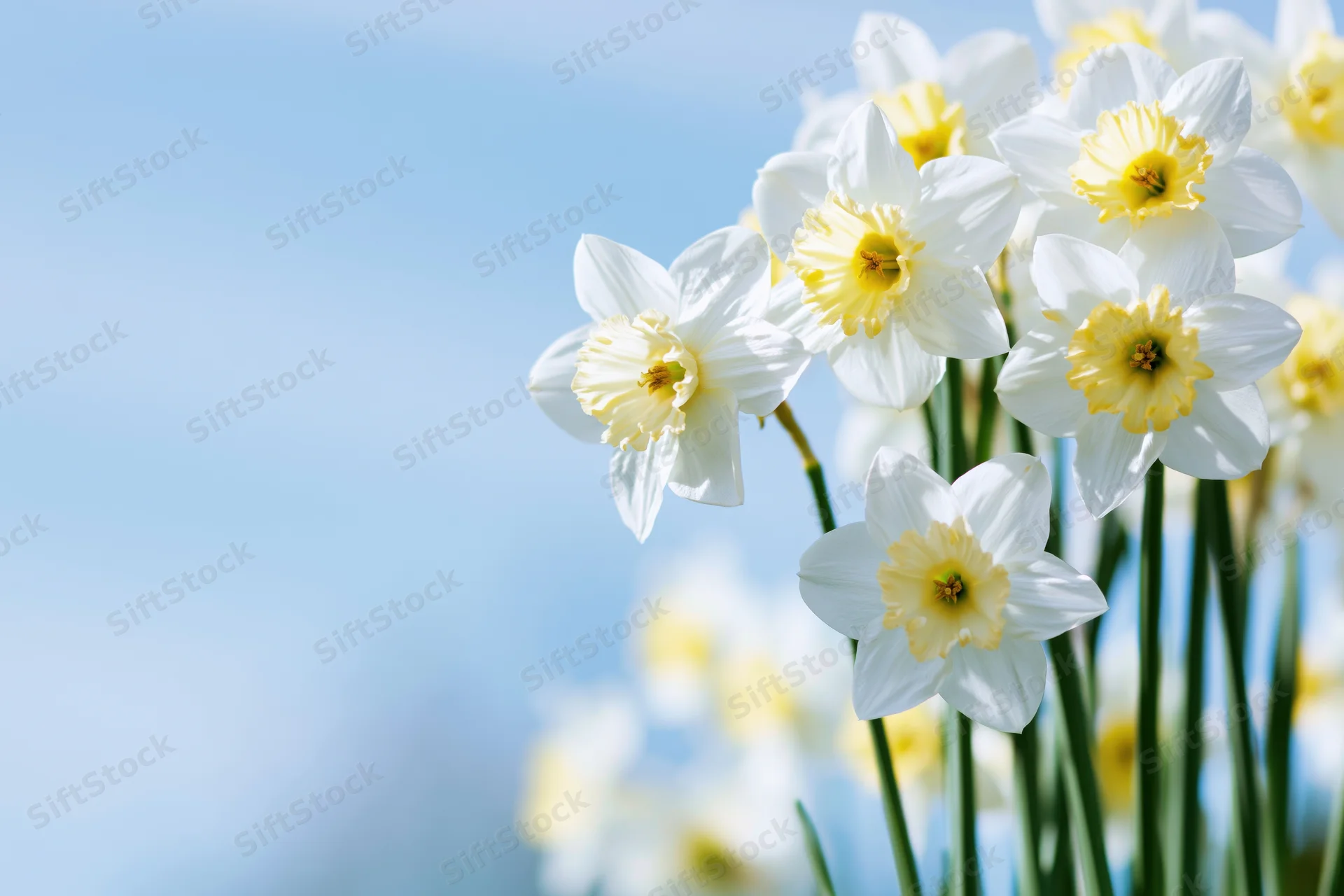 Cluster of white daffodils with yellow trumpet centers against a soft blue sky background