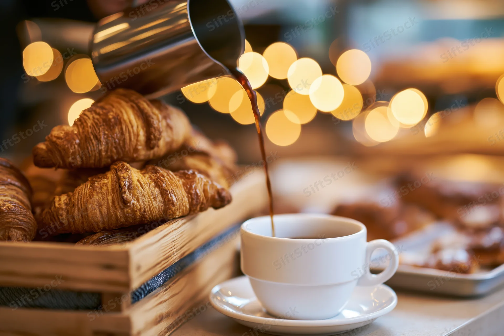 Coffee being poured from a metal pitcher into a white ceramic cup beside a tray of croissants in a cafe