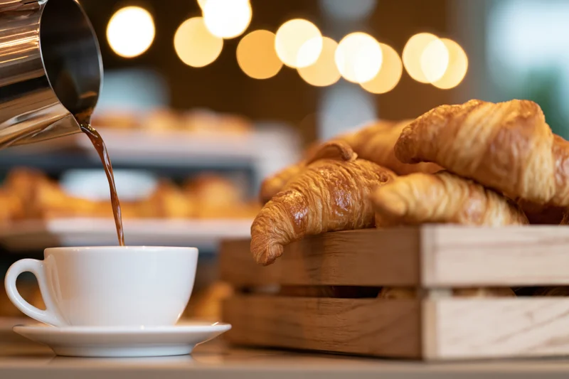 Coffee being poured from a metal pitcher into a white ceramic cup beside a wooden tray of croissants in a cafe setting