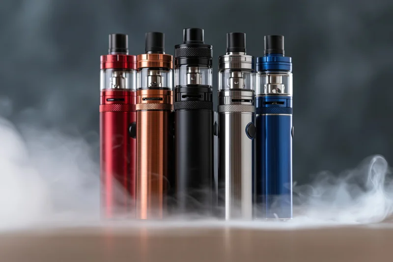 Five vape mods with tank atomizers arranged upright on a surface with vapor swirling around them