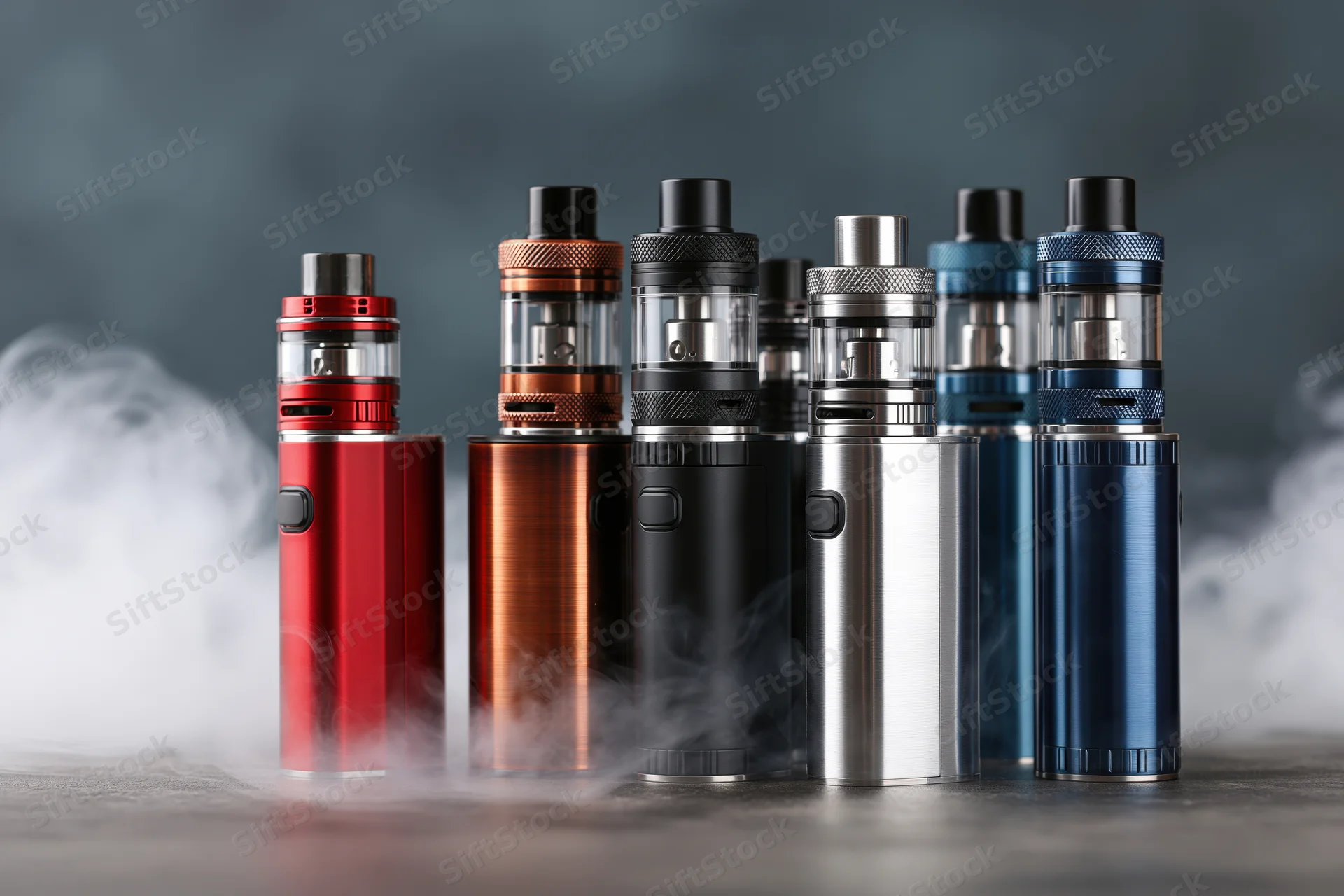 Collection of vape mods and tank atomizers arranged upright on a surface with vapor swirling around them