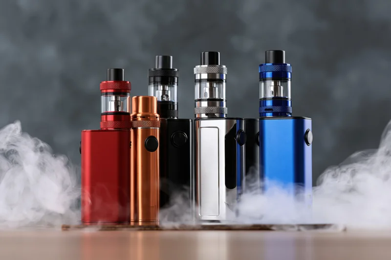 Collection of vape mods and tank atomizers arranged upright on a table with vapor swirling around them