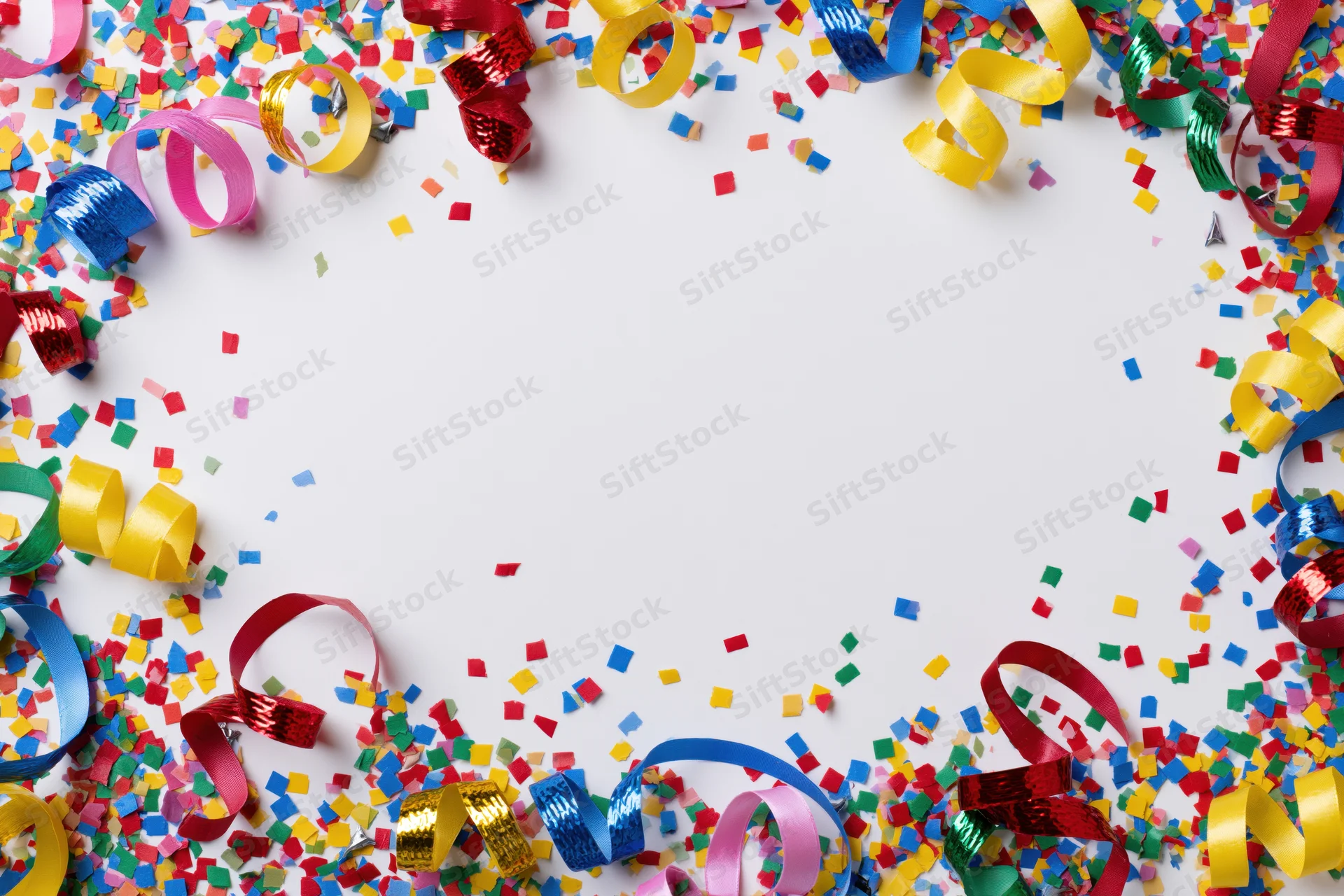 Colorful paper confetti and curled ribbon streamers scattered around a white frame with copyspace in center
