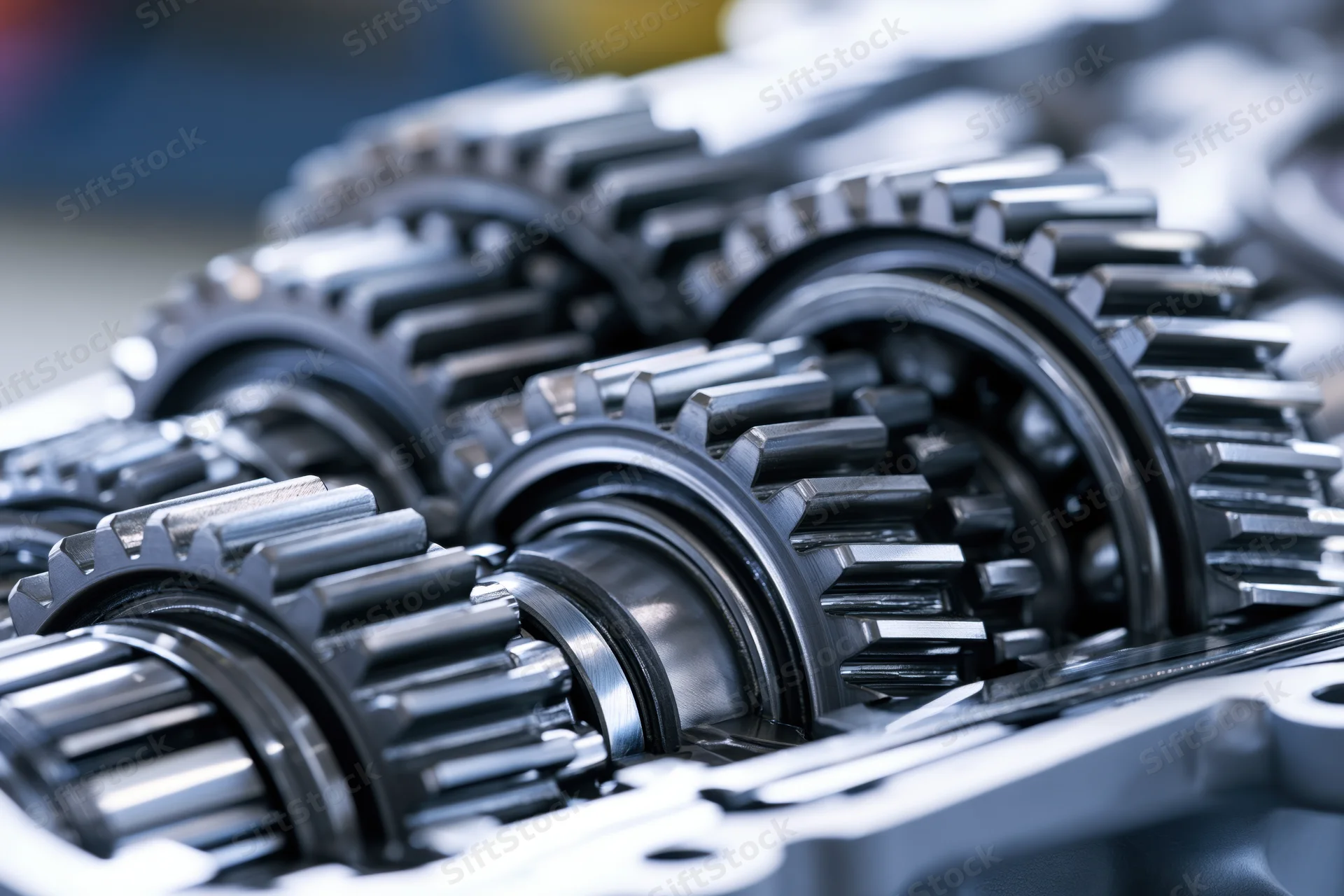 Closeup of metal gears and bearings inside an automotive transmission gearbox