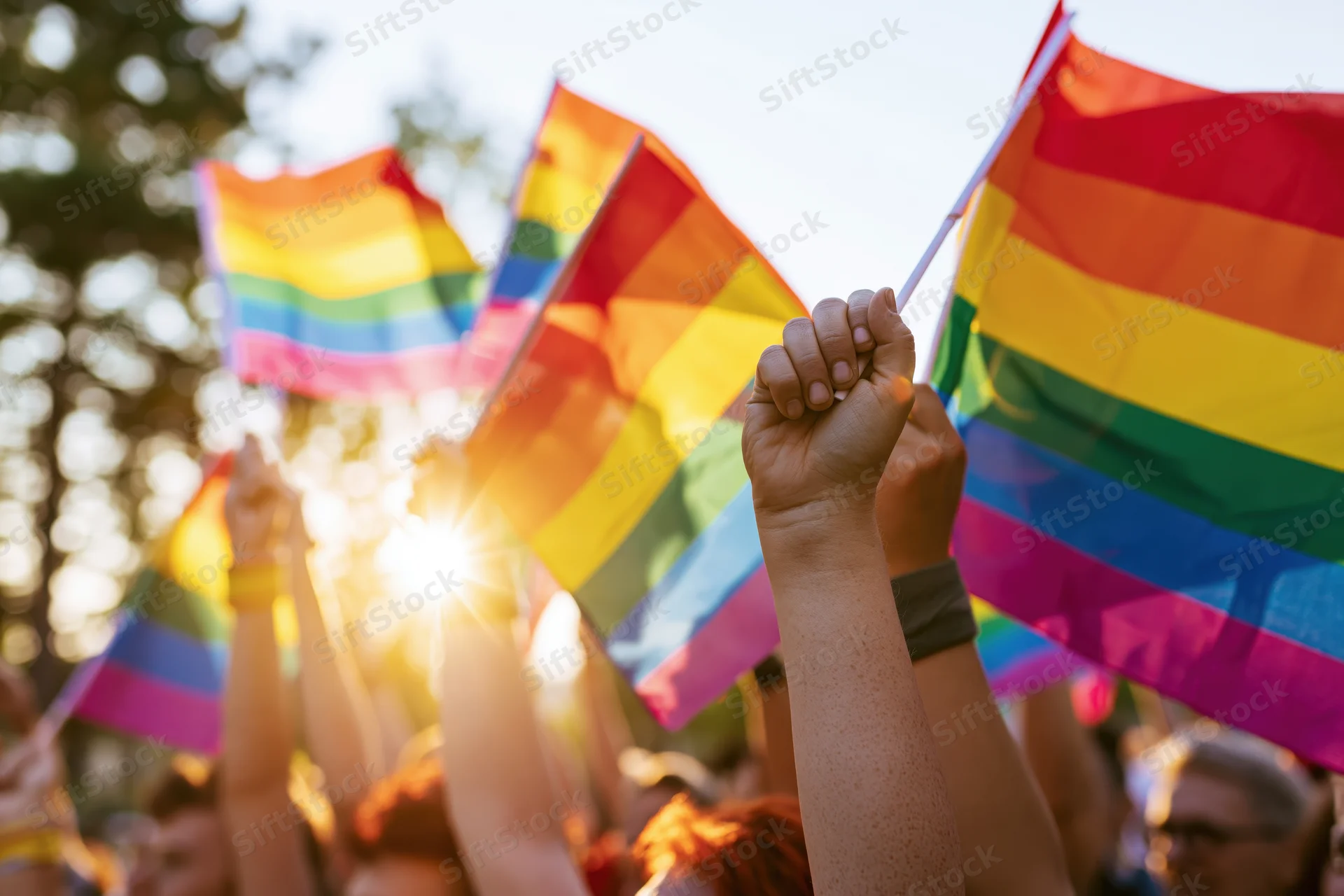 People raising rainbow pride flags in a sunny outdoor demonstration